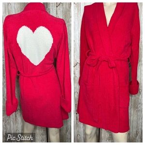 Betsey Johnson Red and White Plush Heart ❤️ Robe Belted Cardigan Size Small
